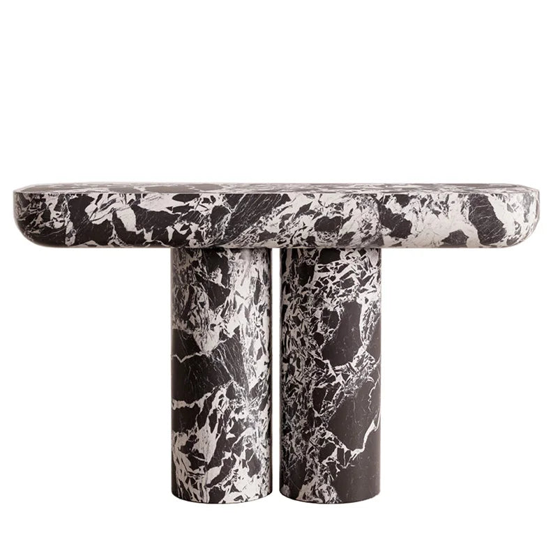 Black White Vein Marble Console Table Oval Rounded Tabletop Twin Cylindrical Legs Modern Entryway Stone Hallway Table Dream Home - Image 6