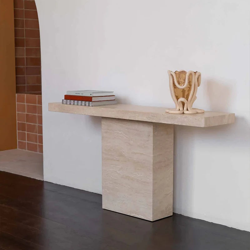 Modern Luxury Beige Travertine Console Table Slim Floating Long Tabletop Solid Square Pedestal Elegant Villa Entry Accent Table - Image 4