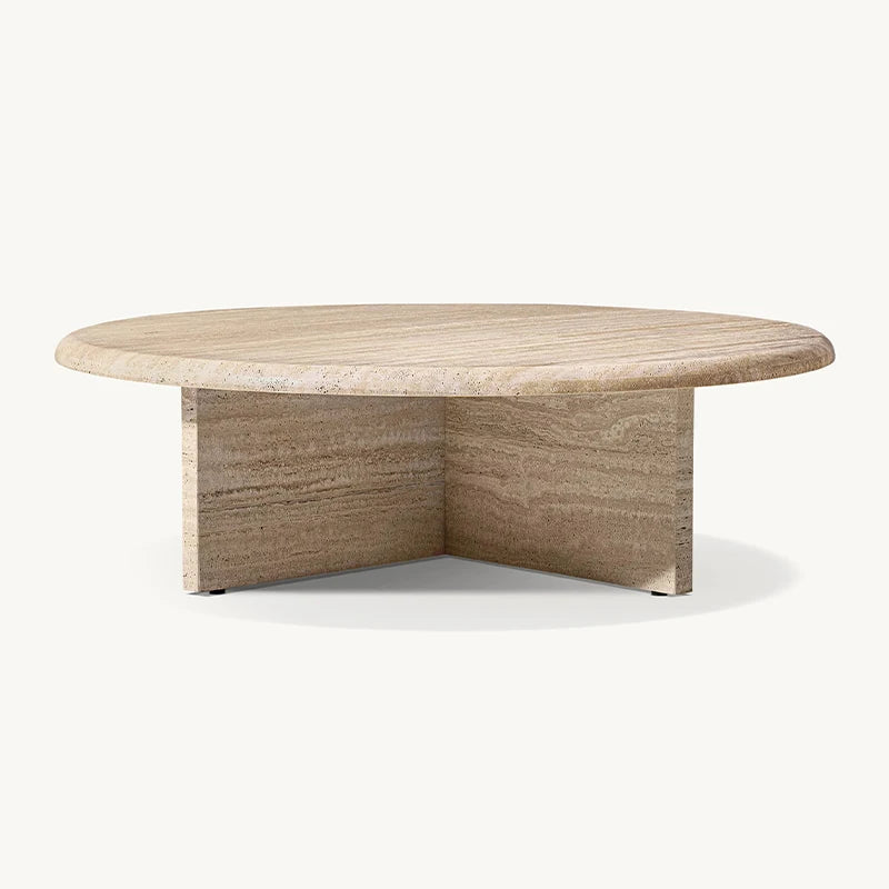 Natural Banded Travertine Center Table Partial Surround Base Solid Stone Construction Villa Living Room Focal Furniture - Image 4