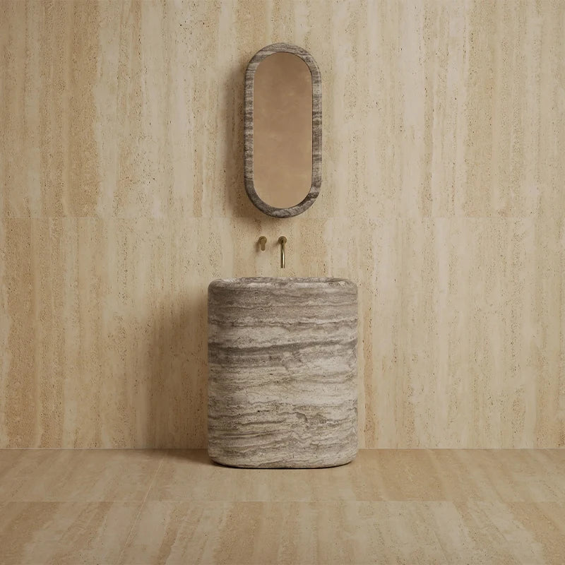 Dream Home Viral Rounded Rectangle Stone Pedestal Sink Whole Block Travertine Marble Freestanding Bathroom Wash Basin - Image 12