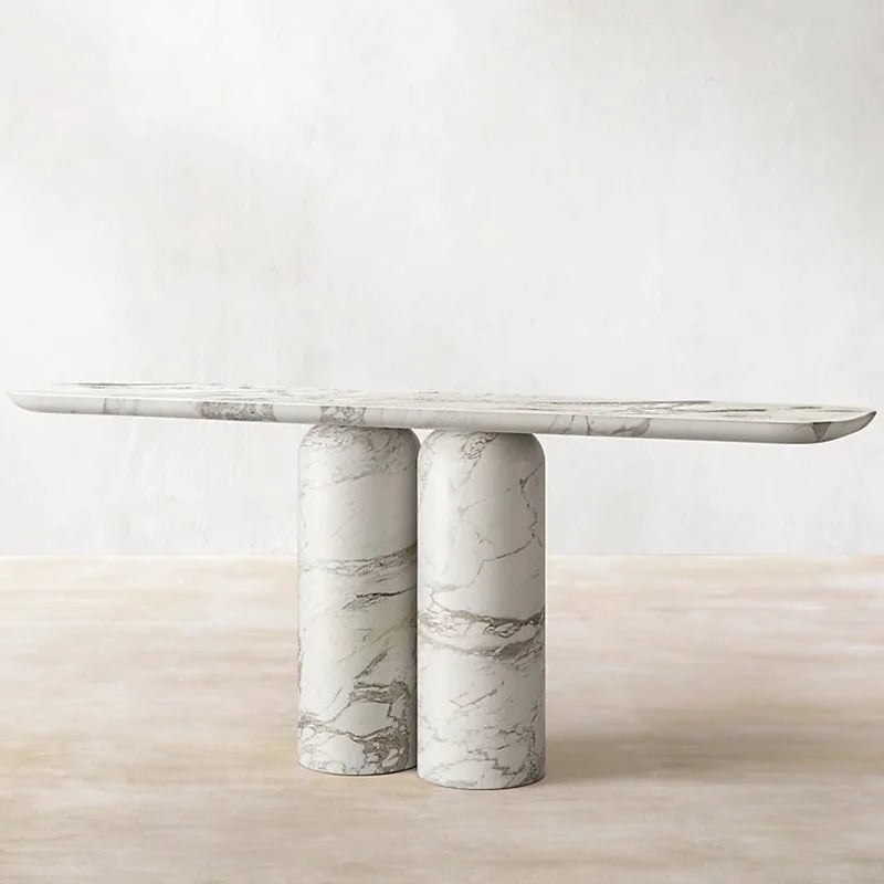 Striking Twin Cylinder Console Table Elongated Rounded Edge Slab Double Short Round Pillar Travertine Marble Entry Table - Image 2