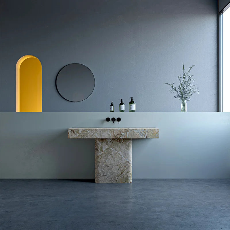 Dream Home T Shape Pedestal Marble Sink Table Integrated Carved Stone Wash Basin For Luxury Bathroom Renovation Project