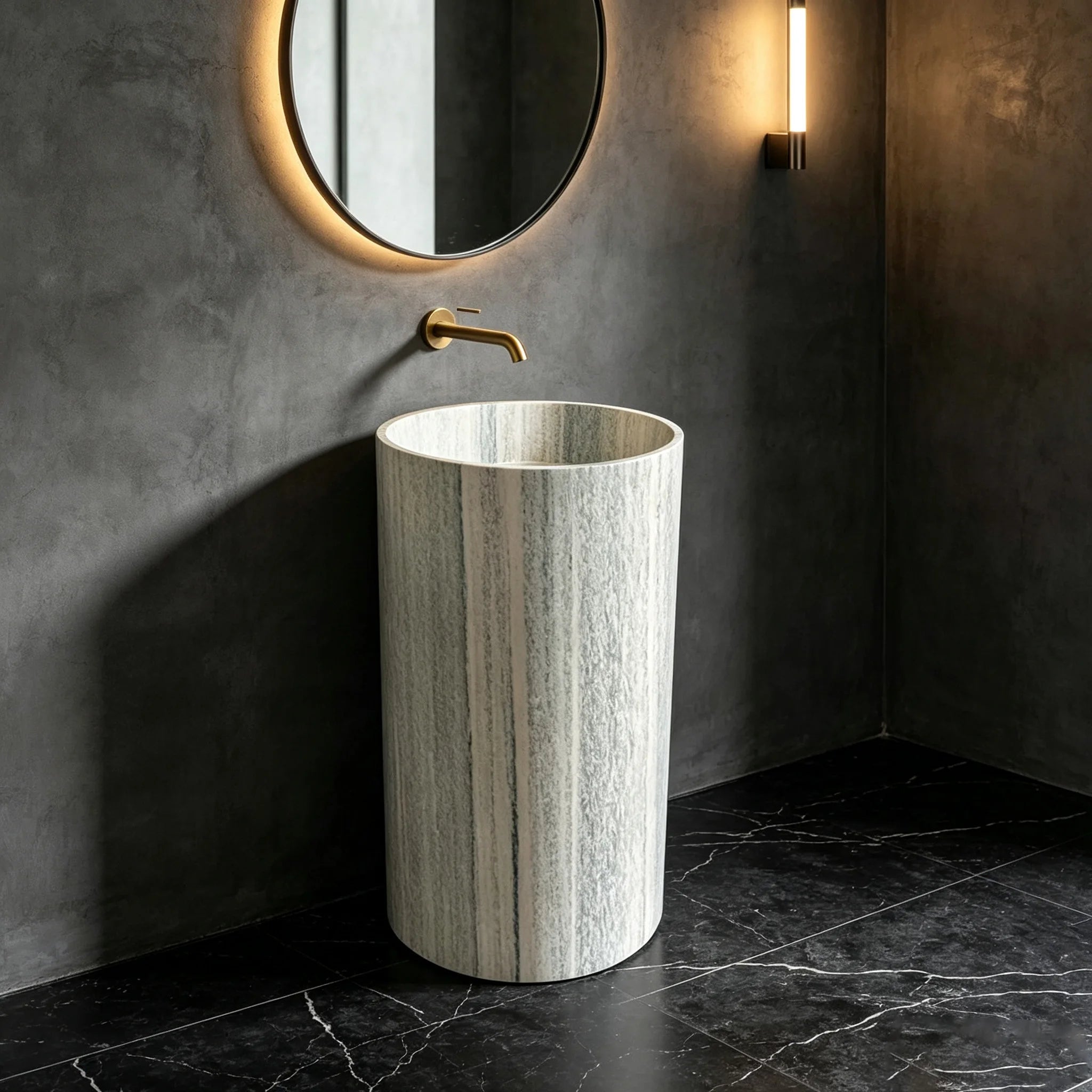 Top Selling Slim Round Freestanding Lavatory Distinct Vertical Striped Travertine Marble Villa & Residential Bathroom Wash Sink - Image 6