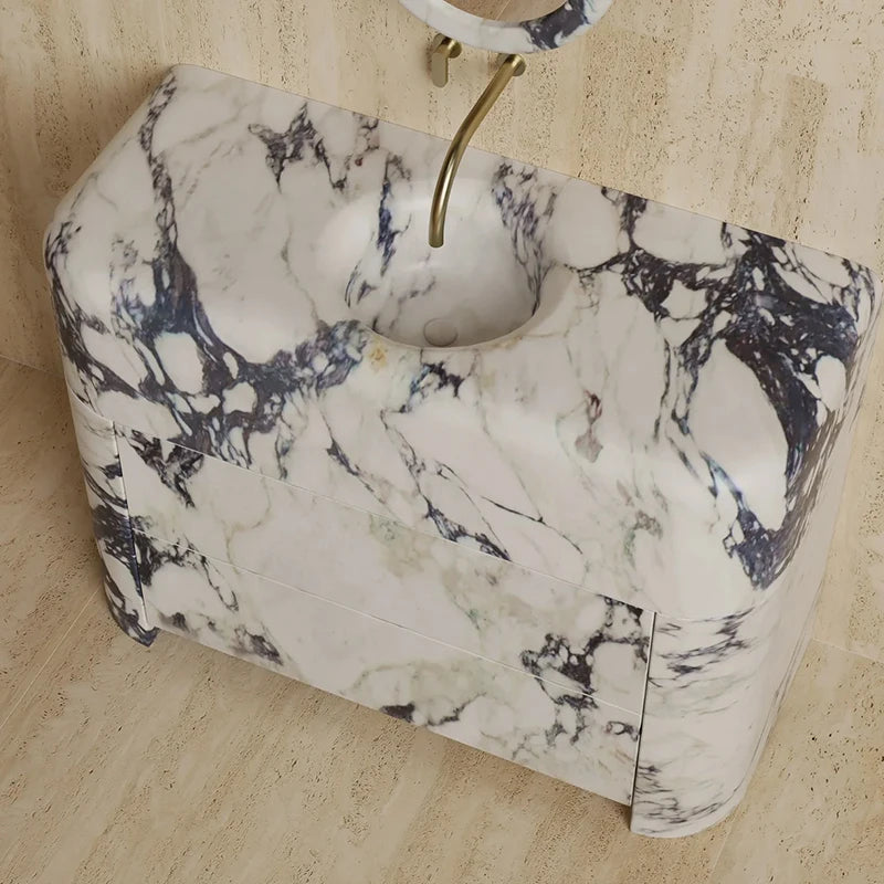 Dream Home Head Turning Pillow Shape Travertine Vanity Freestanding Integrated Basin Minimalist Luxury Bath Sink Unit - Image 4
