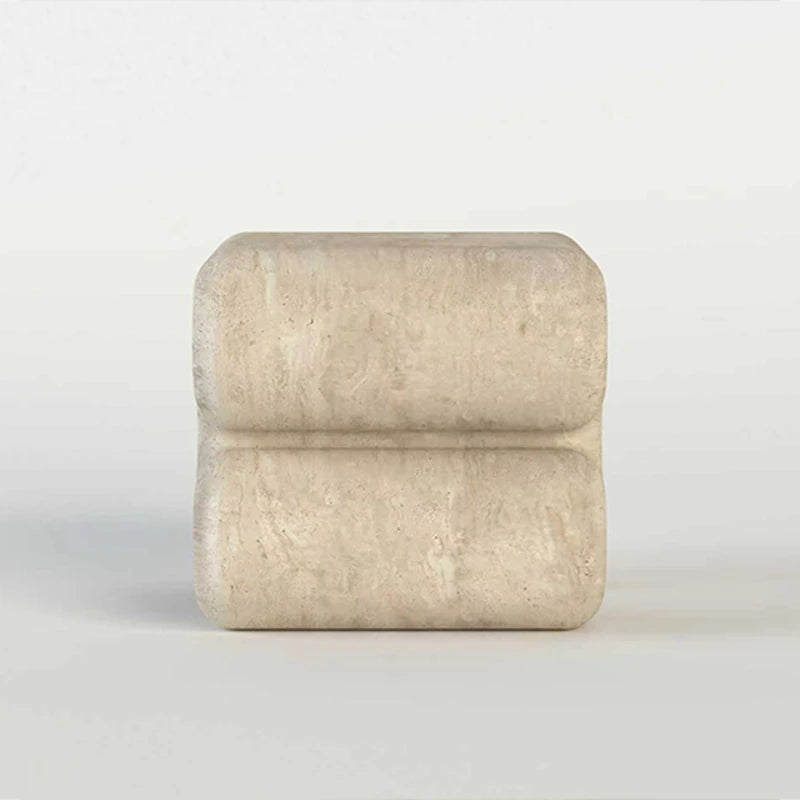 Dream Home Beige Natural Travertine Marble Side Table Square Soft Edge Double Wave Scroll Leg Minimalist Art Accent Table - Image 4