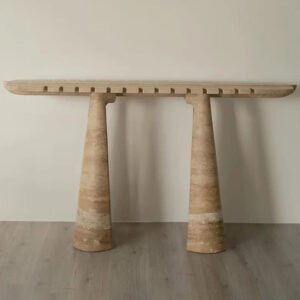 Beige Travertine Marble Console Table Surfboard Elongated Top Notched Serrated Edge Four Taper Conical Leg Entryway Table