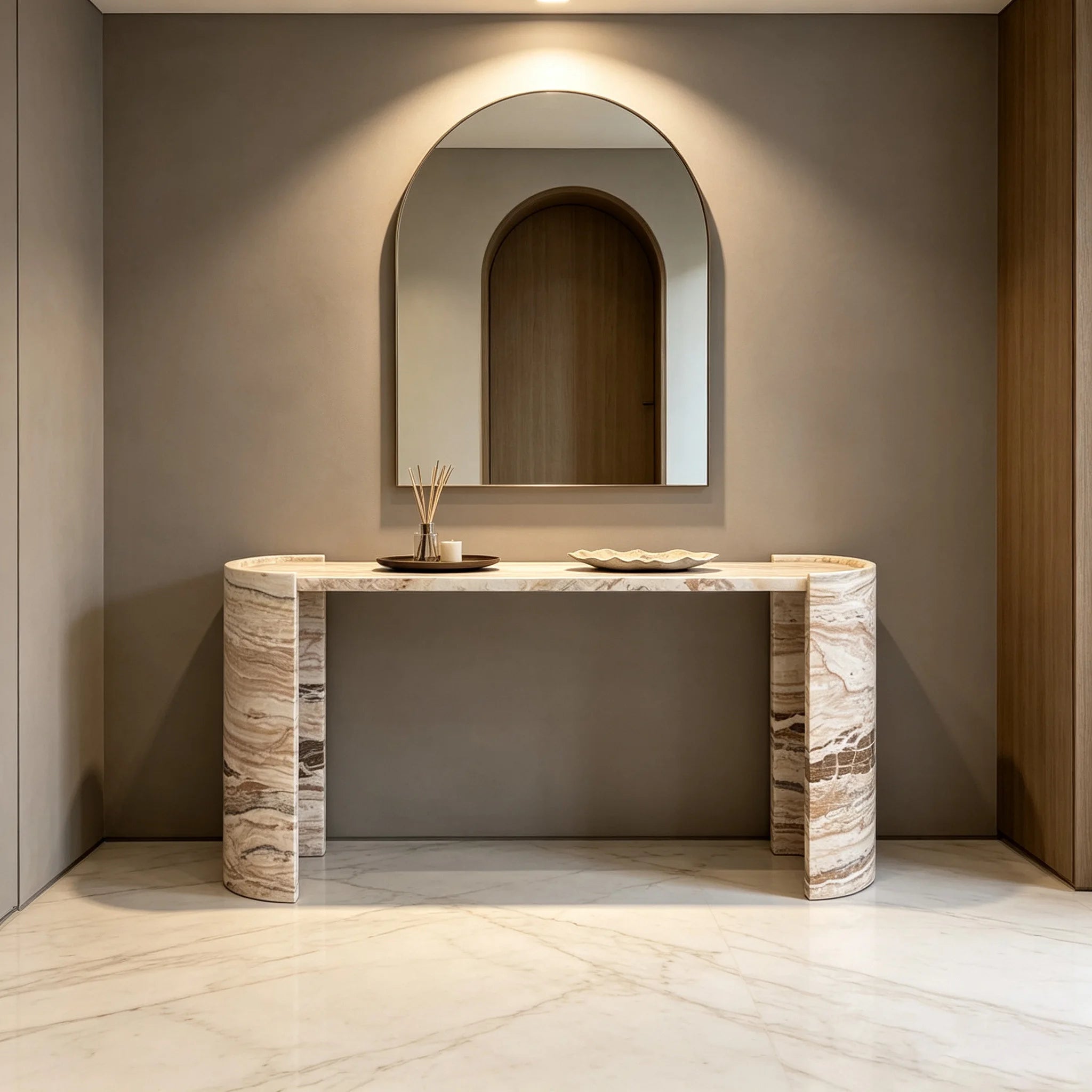 Dream Home Eye Grabbing Dual Curved End Plinth Marble Foyer Table Whole Slab Banded Onyx Hotel Lobby Decor Console - Image 4
