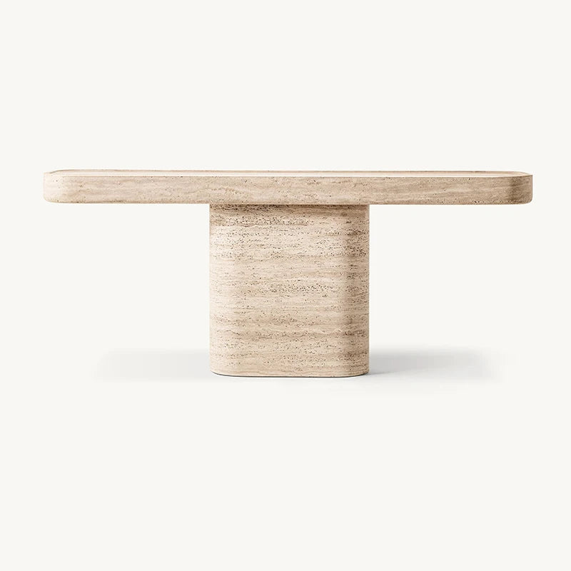 Single Cylinder Pedestal Travertine Marble Console Table Rounded Edge Long Top Wabi Sabi Entryway Stone Accent Console Furniture - Image 7