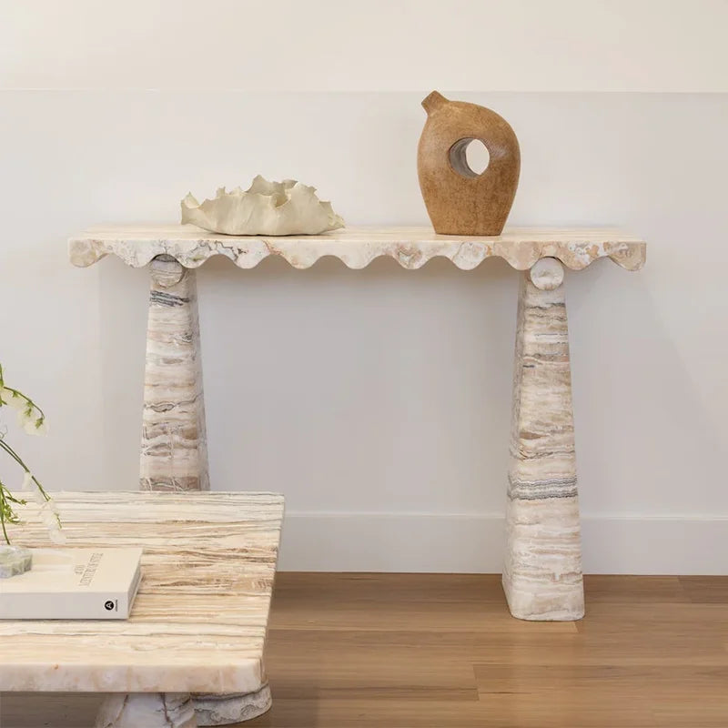 Dream Home Unique Rippled Border Marble Console Desk Dual Slanted Travertine Support Home Entrance Display Table - Image 3