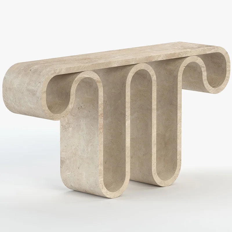 Travertine Marble Console Table Continuous Wave U-Shaped Frame Beige Roman Travertine Sculptural Entryway Furniture Dream Home - Image 2