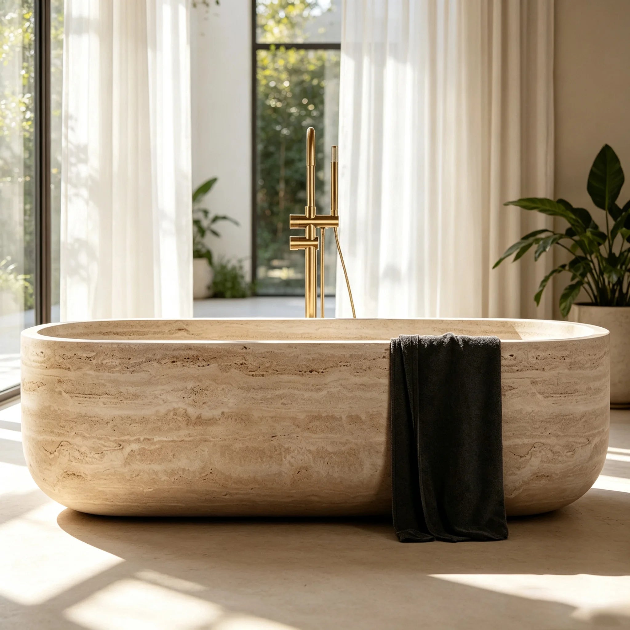 Rectangular Rounded End Stone Bathtub Full Straight Side Elongated Block Vessel Beige Cave Rock Master Bath Sculpture Tub - Image 5