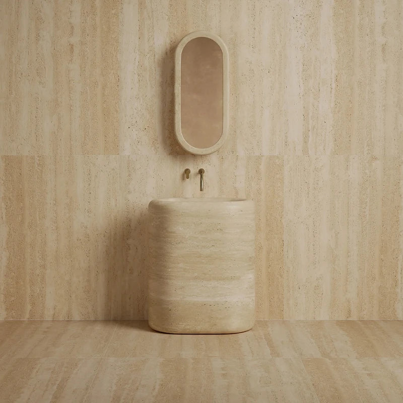 Dream Home Viral Rounded Rectangle Stone Pedestal Sink Whole Block Travertine Marble Freestanding Bathroom Wash Basin - Image 7