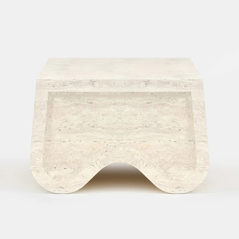 Dream Home Travertine Coffee Table Monolithic Wave Cutout Base With Rounded Rectangle Top Wabi Sabi Living Room Center Table - Image 4