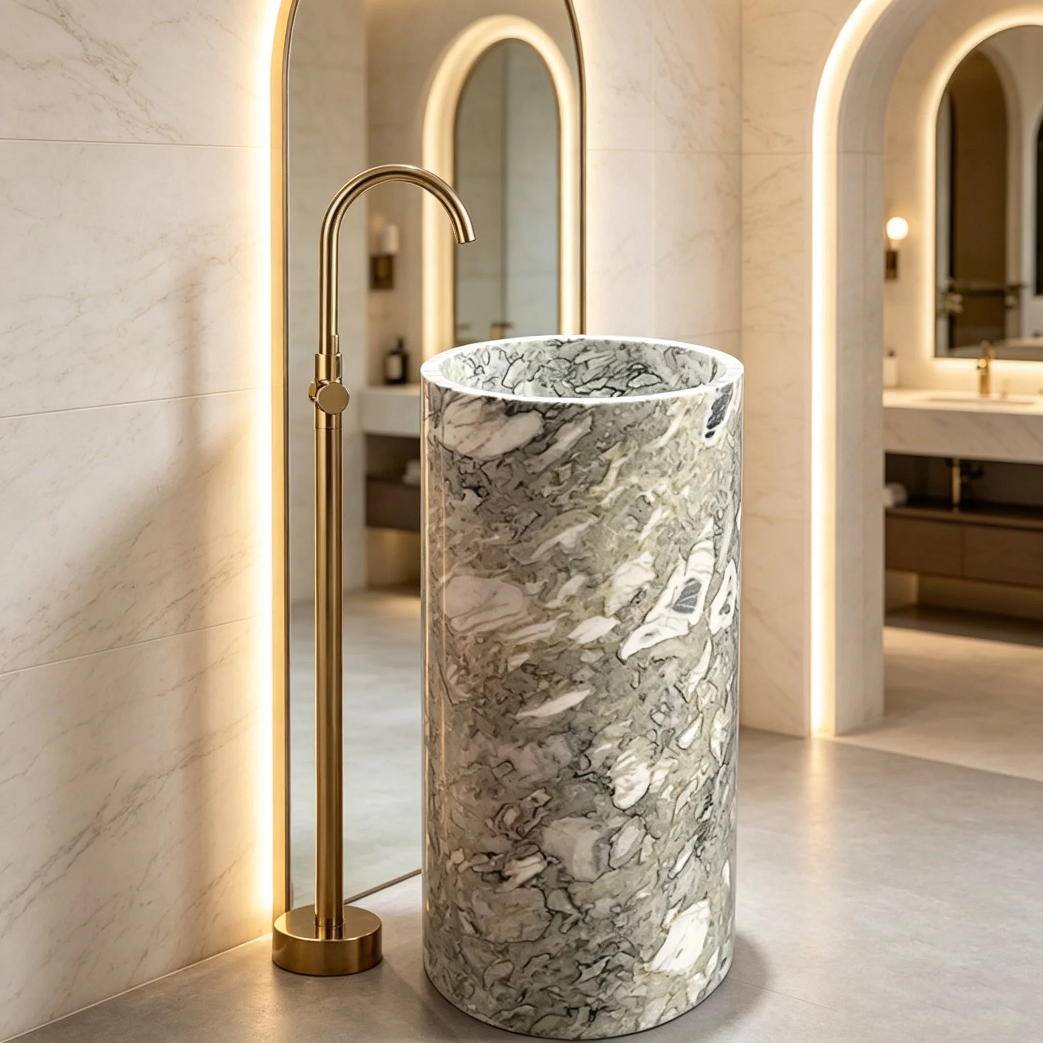 Premium Sculptural Cylindrical Pedestal Sink Unique Grey Patchwork Vein Solid Marble Freestanding Luxury Wash Lavatory - Image 3