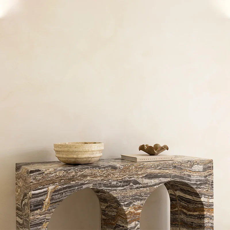 Dream Home Unique Twin Hollow Arch Marble Hall Desk Contrast Grey Brown Band Vein Hand Polished Natural Marble Furnishing - Image 4
