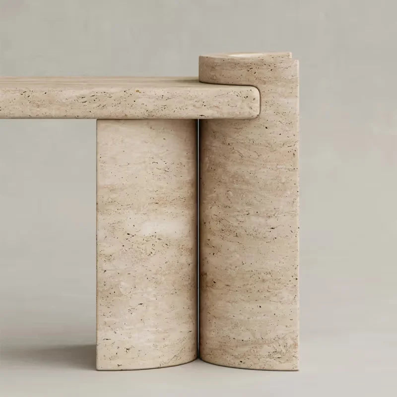 Dream Home Eye Grabbing Stacked Cuff Marble Coffee Table Four Curved Cylinder Travertine Base Long Rectangular Lounge Table - Image 5