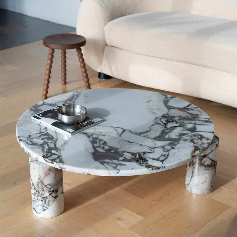 Dream Home Artistic Minimalist Coffee Table Natural Calacatta Viola Marble Round Top Two Solid Stone Legs Home Decor Table