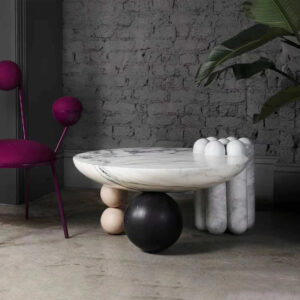 Dream Home Arabescato Marble Coffee Table Abstract Mixed Sphere And Pillar Leg Curved Oval Art Living Center Table