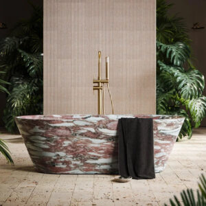 Rosy Breccia Marble Freestanding Bathtub Elongated Ellipse With Flared Rim Natural Pink White Fragment Vein Solid Stone Spa Tub