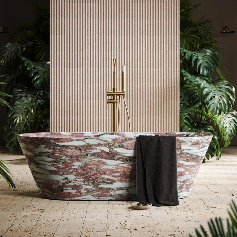 Rosy Breccia Marble Freestanding Bathtub Elongated Ellipse With Flared Rim Natural Pink White Fragment Vein Solid Stone Spa Tub