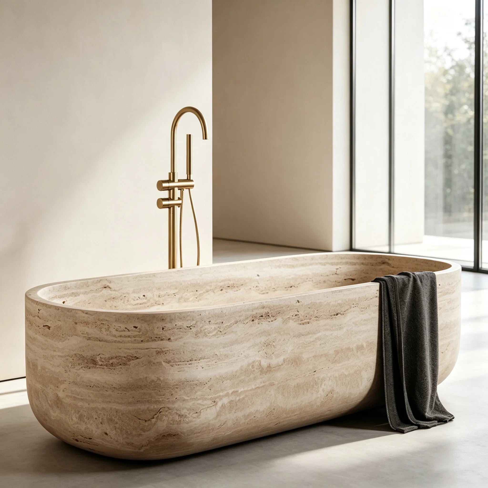 Rectangular Rounded End Stone Bathtub Full Straight Side Elongated Block Vessel Beige Cave Rock Master Bath Sculpture Tub - Image 6