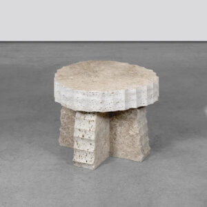 Dream Home Travertine Side Table Scalloped Zigzag Edge Round Top Stepped Carved Base Wabi Sabi Living Room Accent Table