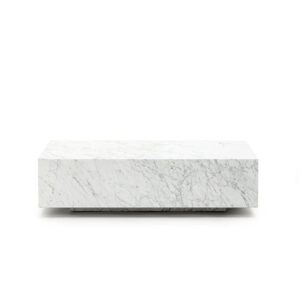 Unique Low Floating Square Block Marble Tea Desk Hand Cut One-Piece Arabescato Stone Neutral Tone Large Family Decor Stand