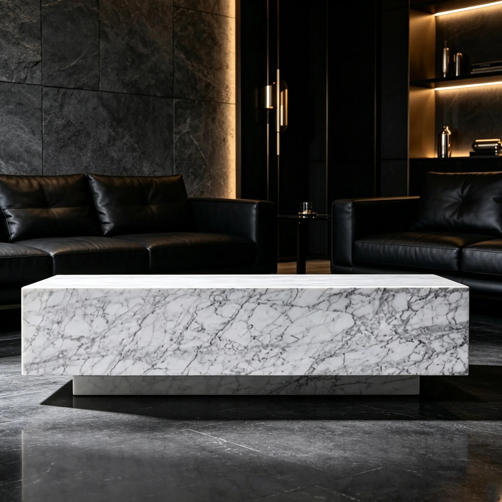 Stunning Solid Block Marble Coffee Table Thick Cuboid Double Layer Base Arabescato White Vein Living Room Center Table - Image 4