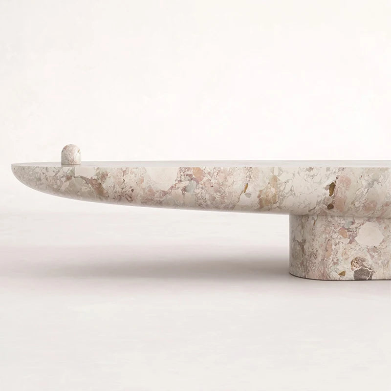 Breccia Marble Coffee Table Organic Bean Shape Irregular Curved Top Single Cylindrical Pedestal Modern Living Room Tea Table - Image 3