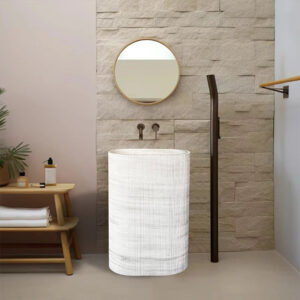 High Inquiry Linear Carved Marble Freestanding Sink Oval Fluted Floor Mount Basin High End Modern Bathroom Vanity Sink