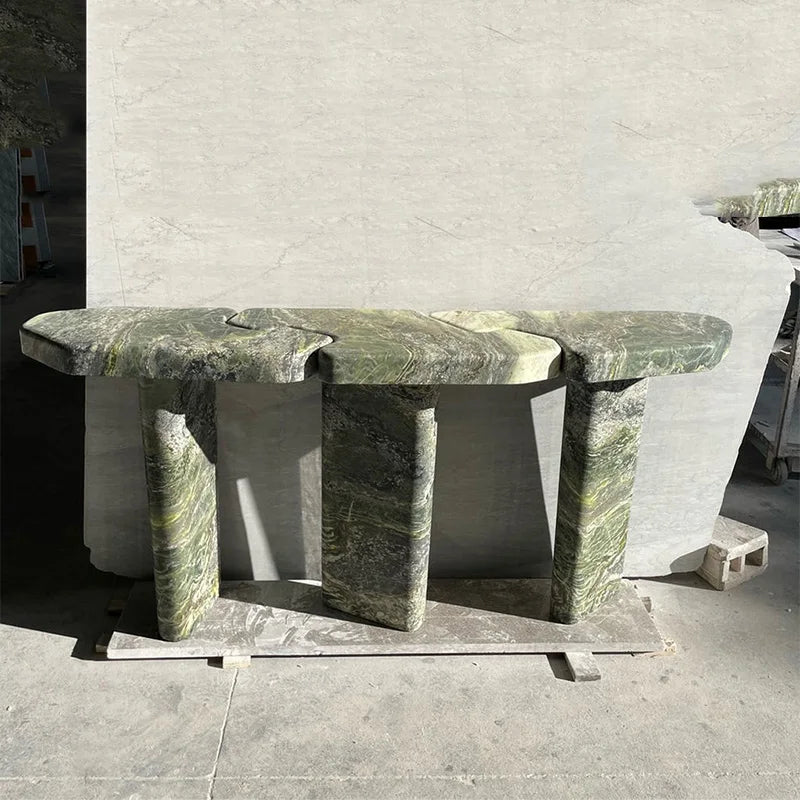 Dream Home Organic Green Streak Marble Console Table 3 Split Interlocking Top Triple Thick Block Leg Hall Decor Table