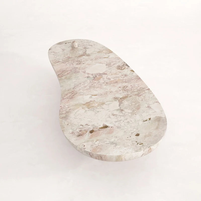 Breccia Marble Coffee Table Organic Bean Shape Irregular Curved Top Single Cylindrical Pedestal Modern Living Room Tea Table - Image 4