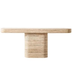 Travertine Marble Console Table Extra Thick Rounded Rectangle Top Single Massive Curved Rectangular Plinth Wabi Entryway Table