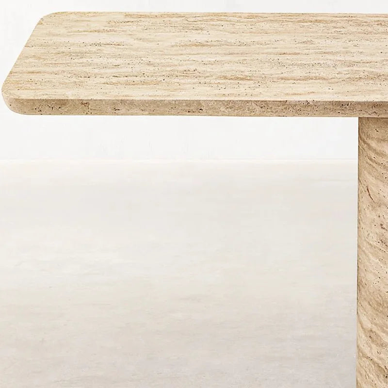 Striking Twin Cylinder Console Table Elongated Rounded Edge Slab Double Short Round Pillar Travertine Marble Entry Table - Image 6