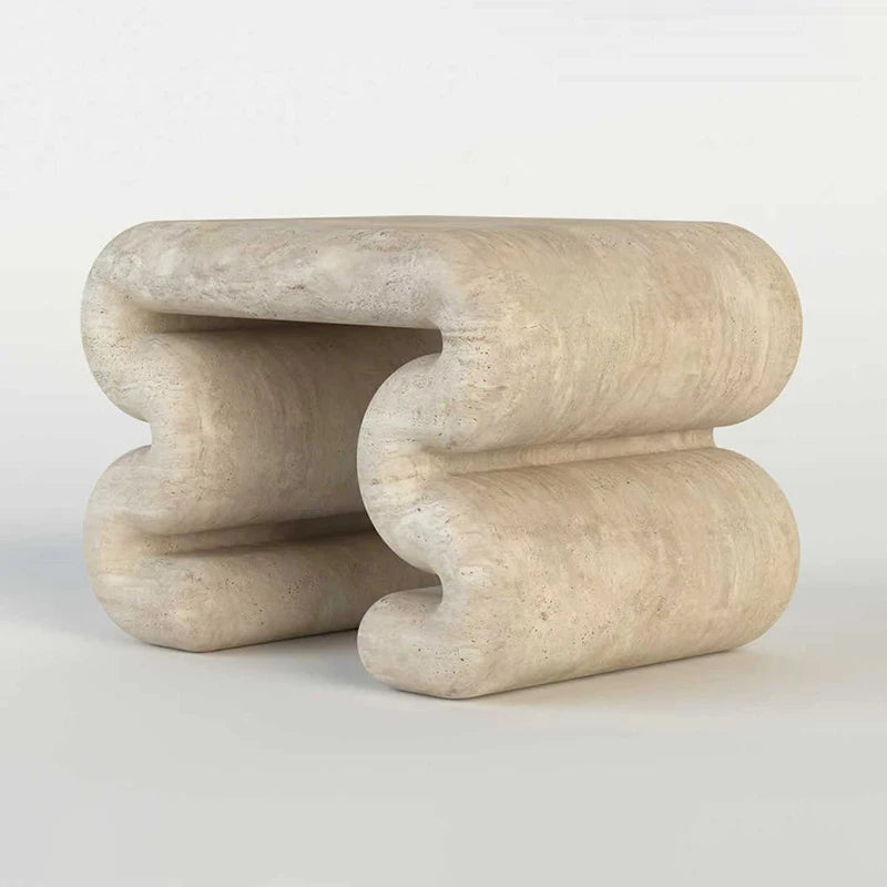 Dream Home Beige Natural Travertine Marble Side Table Square Soft Edge Double Wave Scroll Leg Minimalist Art Accent Table - Image 5
