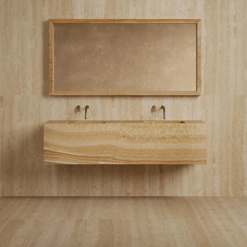 One Piece Whole Marble Floating Vanity Deep Recessed Dual Sink Design Light Neutral Stone Tone Modern Open Concept Bath Basin - Image 9