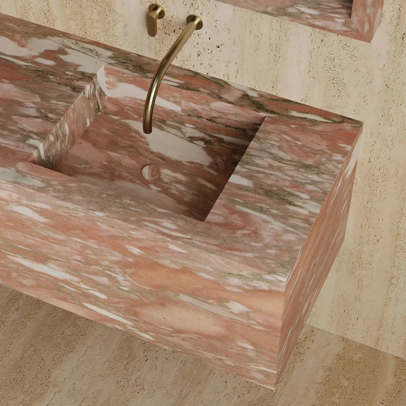 One Piece Whole Marble Floating Vanity Deep Recessed Dual Sink Design Light Neutral Stone Tone Modern Open Concept Bath Basin - Image 4