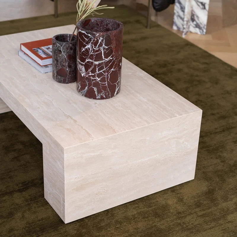 Elegant Natural Travertine Marble Coffee Table Minimalist Hollow Rectangular Thick Stone Top Luxury Modern Living Room Furniture - Image 5