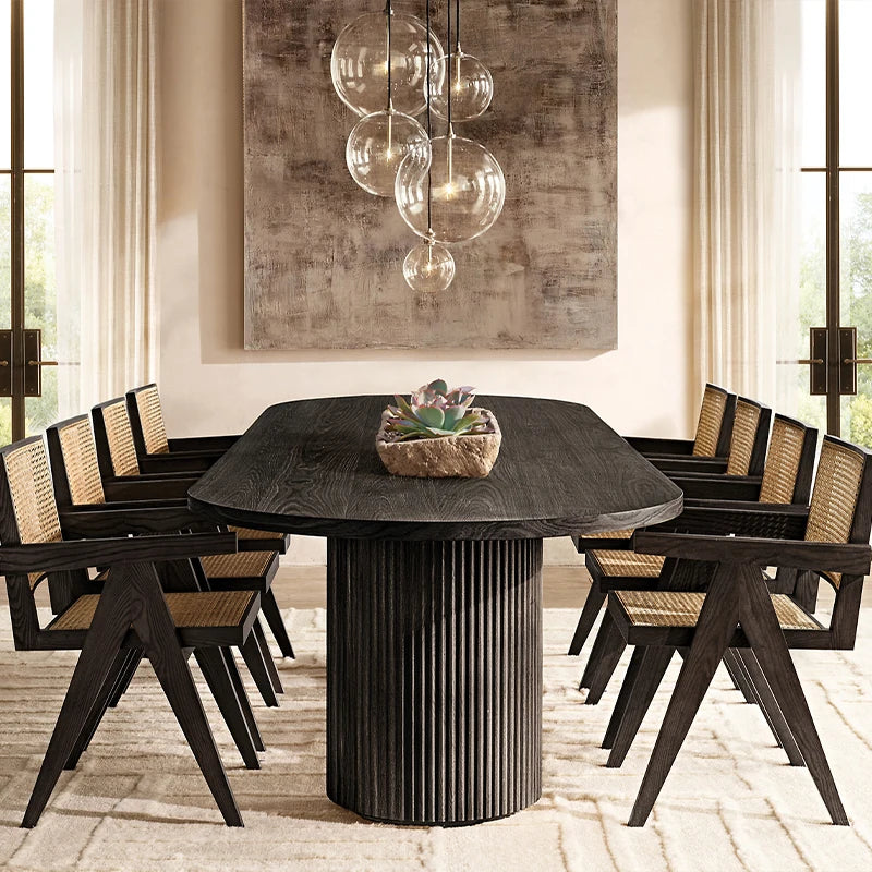 Dream Home Mid Century Oak Dining Table Vertical Fluted Pillar Base Minimalist Oval Tabletop Rustic Home Large Dining Table - Image 6