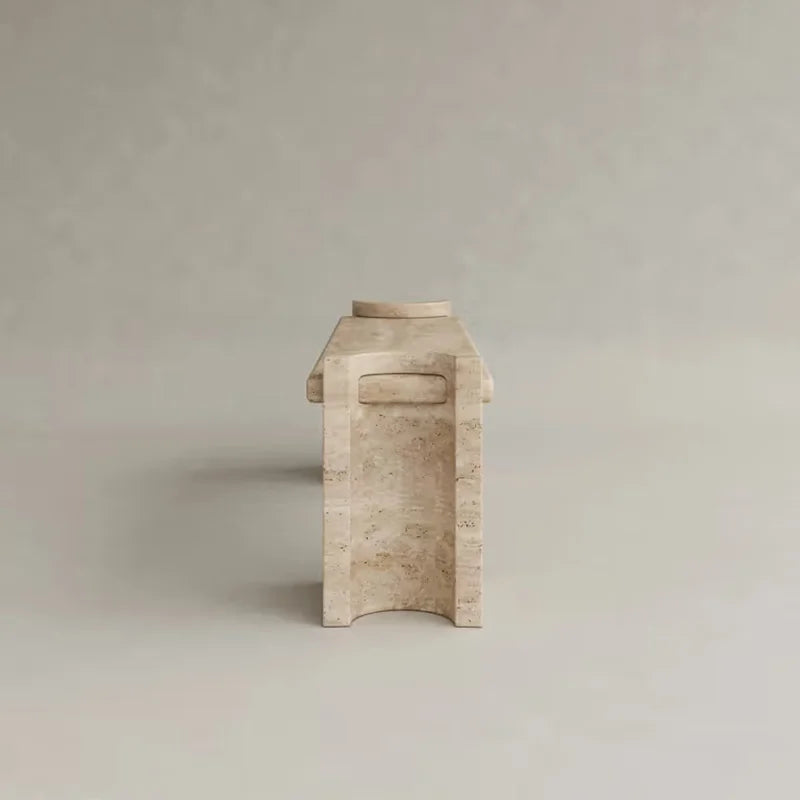 Dream Home Eye Grabbing Stacked Cuff Marble Coffee Table Four Curved Cylinder Travertine Base Long Rectangular Lounge Table - Image 3
