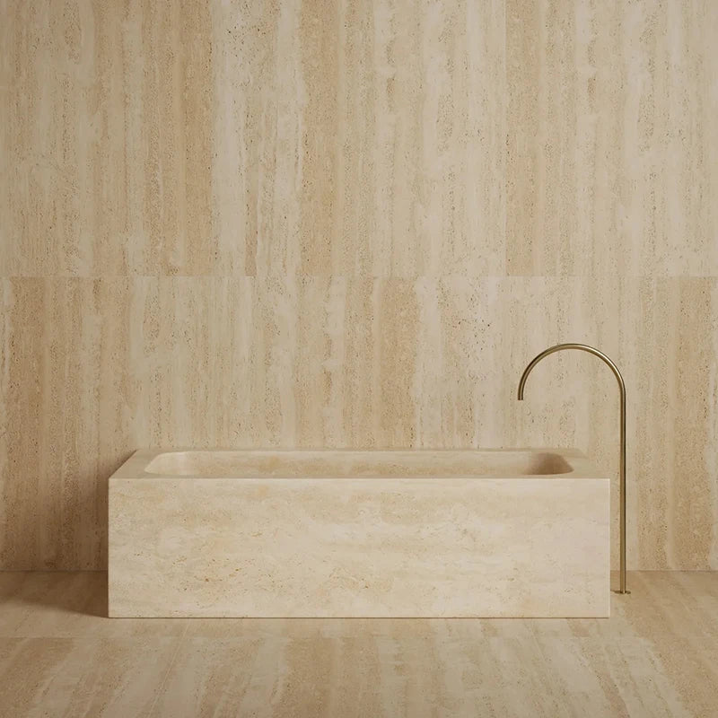 Thick Solid Cube Profile Freestanding Tub One Piece Natural Travertine Marble Multi Stone Grain Villa Master Bathroom Bathtub