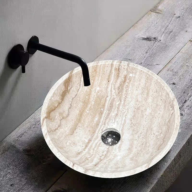 Viral Classic Round Marble Vessel Basin Diverse Natural Mineral Vein Freestanding On Counter Sink Wabi Sabi Bathroom Fixture - Image 2