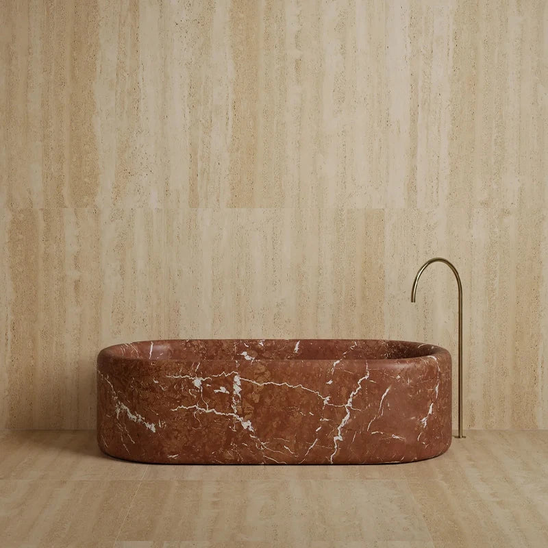 Thick Solid Cube Profile Freestanding Tub One Piece Natural Travertine Marble Multi Stone Grain Villa Master Bathroom Bathtub - Image 10
