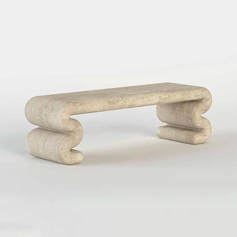 Beige Travertine Marble Console Table Long Rounded Rectangular Top Double Wave Scroll Leg Minimalist Wabi Accent Table - Image 2