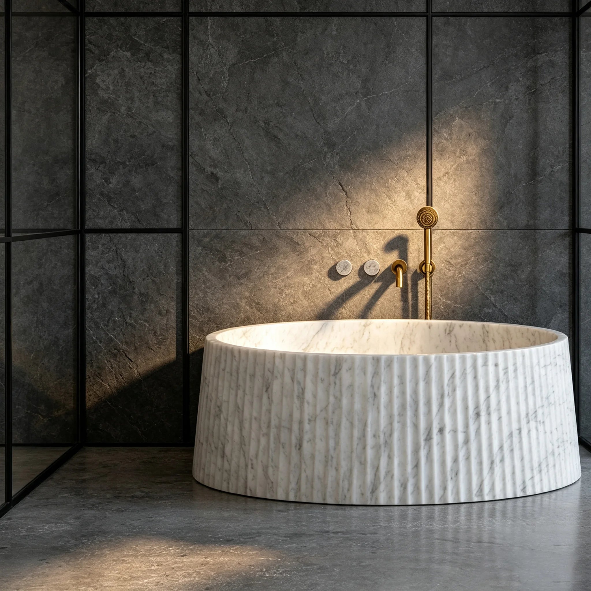 Dream Home Carrara Marble Freestanding Bathtub Full Round Cylinder Vertical Reed Fluted Textured Outer Wall Spa Bath Tub - Image 5