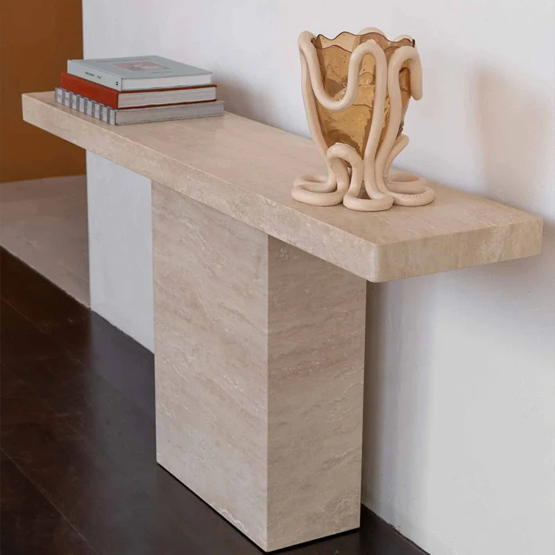 Modern Luxury Beige Travertine Console Table Slim Floating Long Tabletop Solid Square Pedestal Elegant Villa Entry Accent Table - Image 3