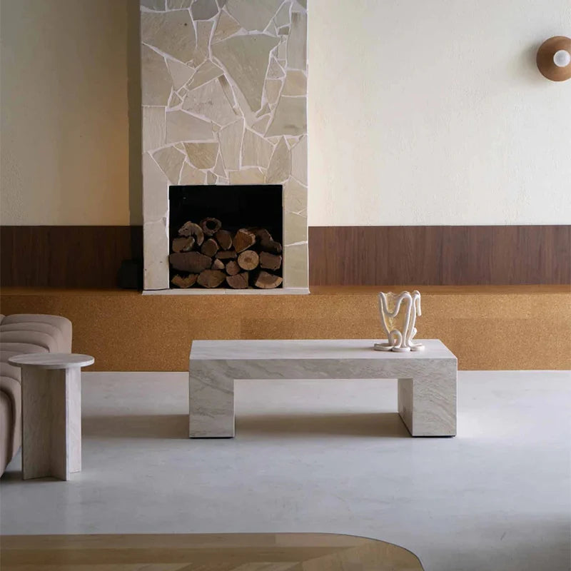 Elegant Natural Travertine Marble Coffee Table Minimalist Hollow Rectangular Thick Stone Top Luxury Modern Living Room Furniture