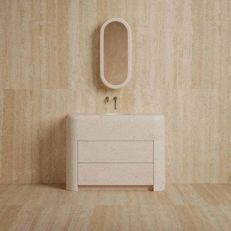 Dream Home Head Turning Pillow Shape Travertine Vanity Freestanding Integrated Basin Minimalist Luxury Bath Sink Unit - Image 10