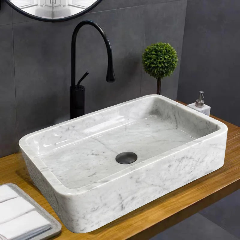 Striking Thick Rim Rectangular Countertop Sink Solid Natural Marble Flat Front Bowl Luxury Villa Restroom Vanity Basin - Image 11