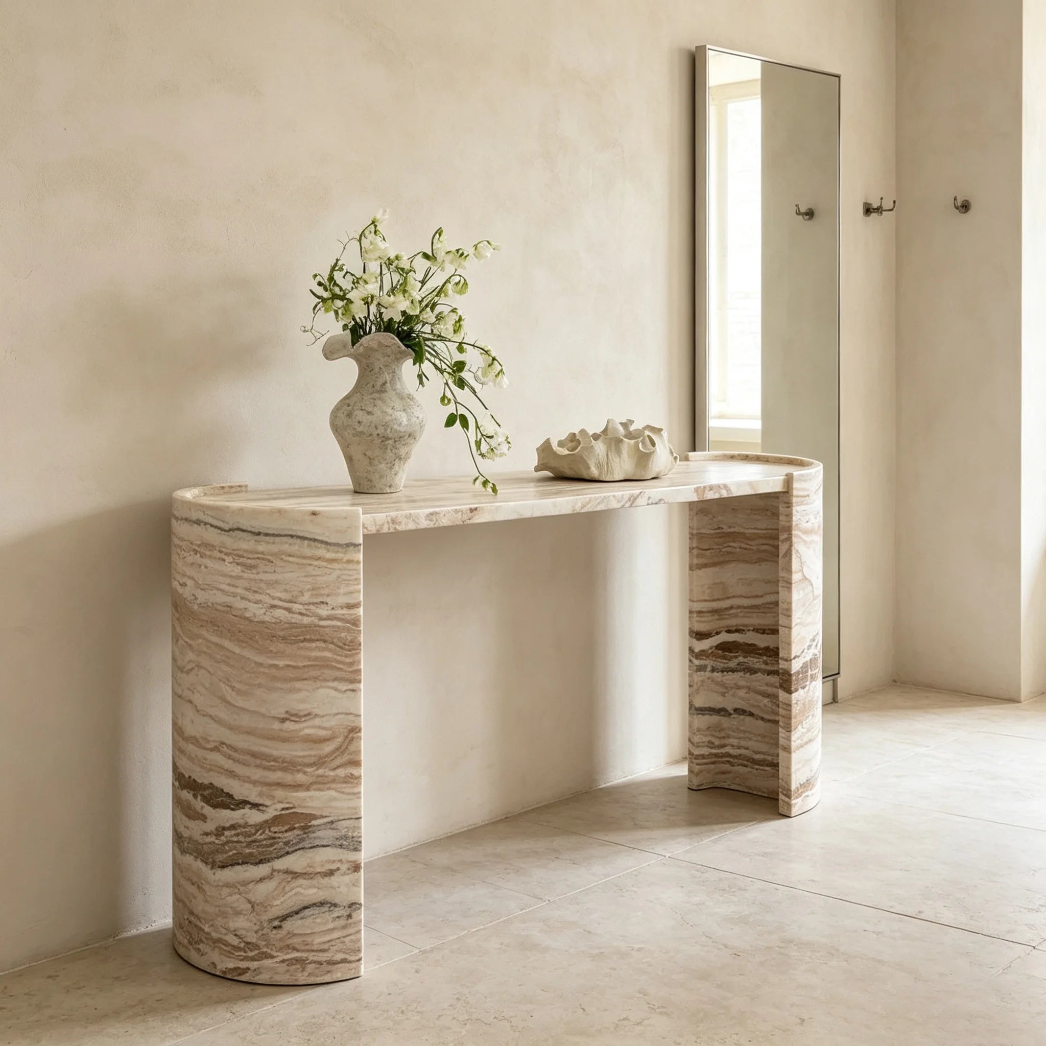 Dream Home Eye Grabbing Dual Curved End Plinth Marble Foyer Table Whole Slab Banded Onyx Hotel Lobby Decor Console - Image 6